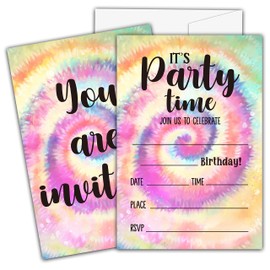 Ycyfckdr Tie Dye Birthday Invitations For Kids Girls Boys, Tie Dye Birthday Party Invitation Cards, Birthday Party Decor Supplies - 20 Fill In Invitations With Envelopes (D03)