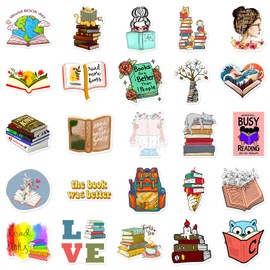 Books Stickers for Laptop (50 PCS),Gift for Children Teens Adults Girl Boys,Waterproof Stickers for Water Bottle,Reading Vinyl Stickers for Scrapbook,Skateboard,Bike,Phone,Dairy