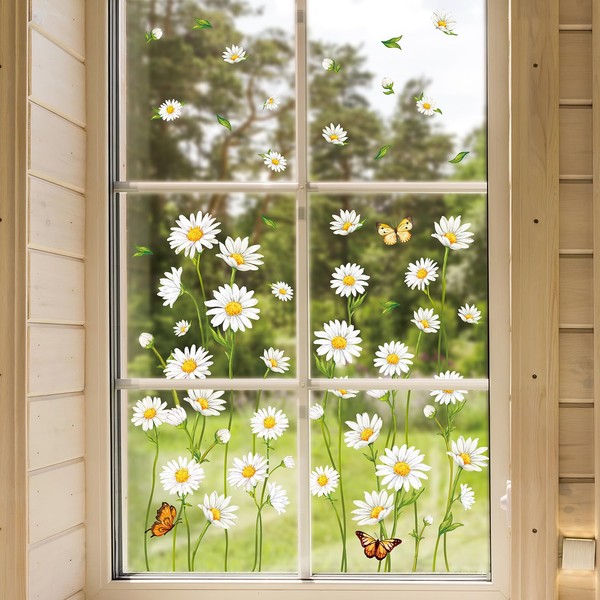 JarThenaAMCS 123Pcs Spring Summer Daisy Window Clings Butterfly Floral Window