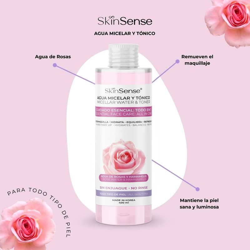 Skin Sense Agua Micelar Desmaquillante Agua de Rosas, 400 ml.