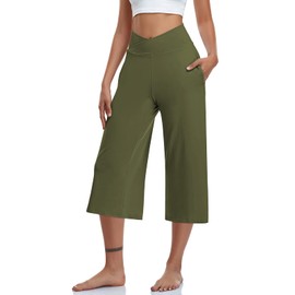 TARSE Womens Casual Wide Leg Yoga Capris Plus Crossover High Waist Capri Pants Loose Soft Pajama Pockets Sweatpants(Green,XL)