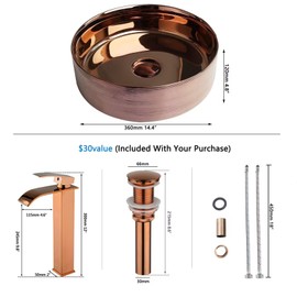 Lonuebu Bathroom Vessel Sink,14 Inch Vessel Sink with Faucet and Drain Combo Bowl Sink Rose Gold Vessel Sink Round Ceramic Sink for Bathroom Above Counter Sink Bowl
