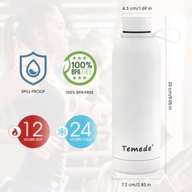 Temede Insulated Water Bottle 350ml, Double Walled Vacuum Stainless Steel Water Bottle for 12 Hours Hot & 24 Hours Cold Drinks, BPA Free, Leakproof Metal Flask Great for Men, Women & Kids, Small,White