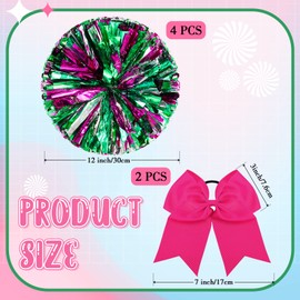 Hanaive 3 Pcs Cheerleading Pom Poms and Large Cheerleader Hair Bow Metallic Cheer Supplies for Team Spirit Sports Dance Cheering(Rose Red Green and Silver Pom,Classic Style)