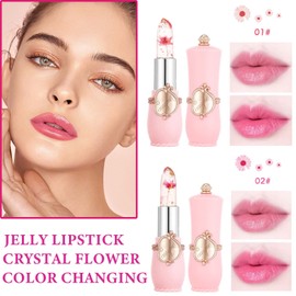 WENJLYJ 2PCS Crystal Flower Jelly Lipstick,Clear Lipstick with Flower Inside Magic PH Temperature Color Changing Lipstick Tinted Lip Balm,Long Lasting Waterproof Moisturizing Lip Gloss Set(01+02)