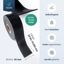 diconfa Rubber Strip Width 30 mm (3 cm) – Choice – Thickness: 1 to 5 mm – Length: 0.05 to 10 m – Selection: 1300 mm (130 cm) Long, 2 mm Thick – Rubber Mat Sold by the Metre Narrow Rubber Underlay