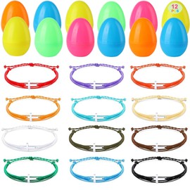 i-Beeboo 12Pcs Fillers Easter Eggs with Nylon Braided Cross Adjustable Bracelet Favors，Easter Basket Stuffers Essentials Christian Gift for Women Teen Adult