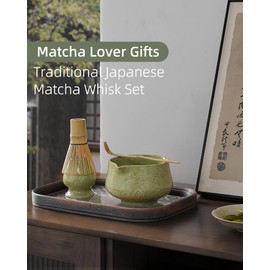 ZENS Matcha Whisk Set, 17oz Ceramic Matcha Bowl with Spout and Bamboo Whisk, (Chasen Holder) Scoop & Tea Towel, 5pcs Matcha Kit for Matcha Ceremony, Emerald Green