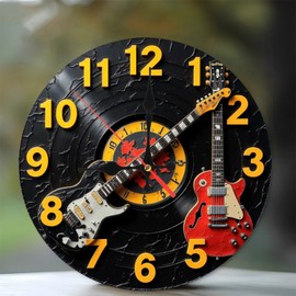 Lancholy Vintage Vinyl Record Guitar Clock Wall Decor 10-Inch Wooden Wall Clock, Silent Movement, Battery Operated (AA Batteries Not Included), Artistic Home Decor, Perfect for Home Accents