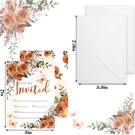 JarThenaAMCS 25Pcs Watercolor Floral Invitations with Envelopes Orange Rose Invitation Cards Flower Blank Party Invites For Wedding Birthday Supplies, 5 x 7 Inch
