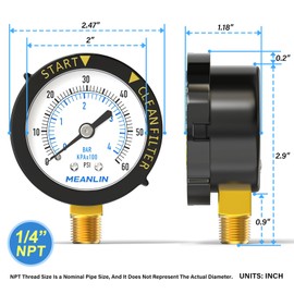MEANLIN MEASURE 0~60Psi Plastic Frame 1/4" NPT Start and Clean Filter Pressure Gauge, Suitable for Swimming Pool, spa, Aquarium, Lower Mount