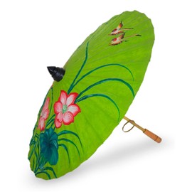 NOVICA Artisan Handmade Saa Paper Parasol with Floral Motifs Multicolor Green Bamboopaper Thailand Decor Accessories Home Accents Upcycled Animal Themed Nature Garden Party Friendly Bird [open 27in H]