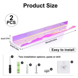 Wooshwa Rainbow Glitter Acrylic Floating Shelves, 23.6" Wall Mounted Nursery Bookshelves, Display Ledge for Books Toys Cosmetic Storage, Bathroom Bedroom Living Room Wall Organizer, 2 Pack, Iridescent