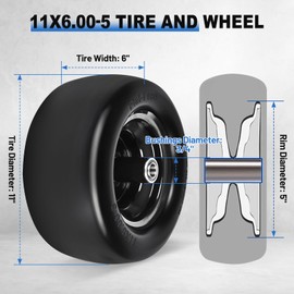 2 Pack 11x6.00-5" Flat Free Tire,Solid Rubber Lawn Mower Tires Kit with 3/4" 5/8" Bushings and 6"- 8" Centered Hub,11x6-5 Tire and Wheel Assemblies for Zero Turn Mower