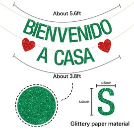Bienvenido a Casa Banner, Homecoming Sign, Spanish Welcome Home Party Hanging Bunting, Mexican Fiesta Party Decorations Supplies Green Glitter