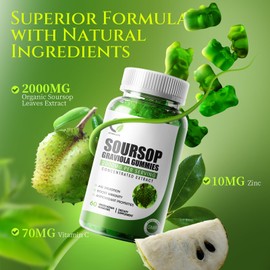 ORGEUOS Soursop Graviola Gummies, Organic Soursop Leaves and Seeds Extract with Vitamin C, Zinc, Digestive Aid, Immune Support and Antioxidant Properties,Gluten Free, Vegan, 60 Gummies