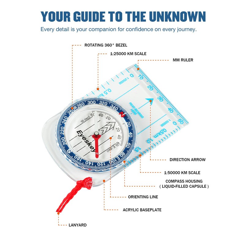 Eyeskey Ultra-Light Compass,Compact Hiking&Mountaineering, Accurate Orienteering Compass with Map Scales