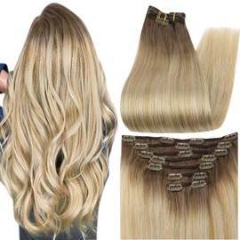 Full Shine Clip in Hair Extensions Blonde Human Hair 14 Inch Clip in Extensions Balayage for Women 7 Pieces 100 Gram Color 6 Fading to 27 Honey Blonde and 60 Platinum Blonde Clip ins