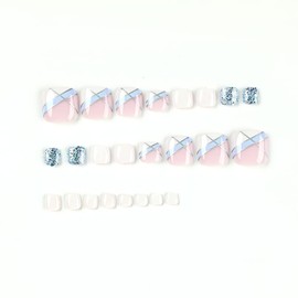 Clataly 24 Pieces Square Flowers Fake Nails Glossy Glitter Toe Print Short Nails Acrylic False Toe Artificial Toenails for Women Girls (F)