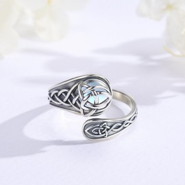 MOPOPOK Moonstone Celtic Knot Spoon Ring S925 Sterling Silver Celtic Knot Adjustable Thumb Ring for Women Vintage Irish Jewelry Gifts for Birthday Mother's Day, Sterling Silver, Moonstone