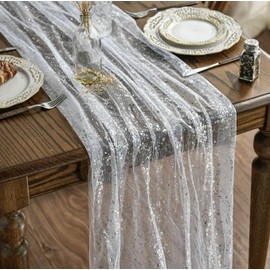 Artoid Mode - Camino de mesa de gasa blanca plateada, 120 pulgadas, 10 pies, lámina metálica transparente con purpurina, para comedor, festividades, boda, aniversario, cumpleaños, decoración de mesa