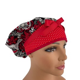 Bouffant Medical Cap – Christmas Flowers - Sweatband Ponytail Pouch Tie Back Hats Bouffant Scrub Hats. Scrub Hat for Women & Men tie Back. Nurses Hats Ponytail Holder Dr. Hats. Long Hair.