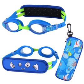 RUIGAO Swim Goggles For Kids 3-6, Toddler Swimming Goggles No Hair Pull, Kids Goggles with Case/Padded Fabric Strap (1PK - Blue FishFish)