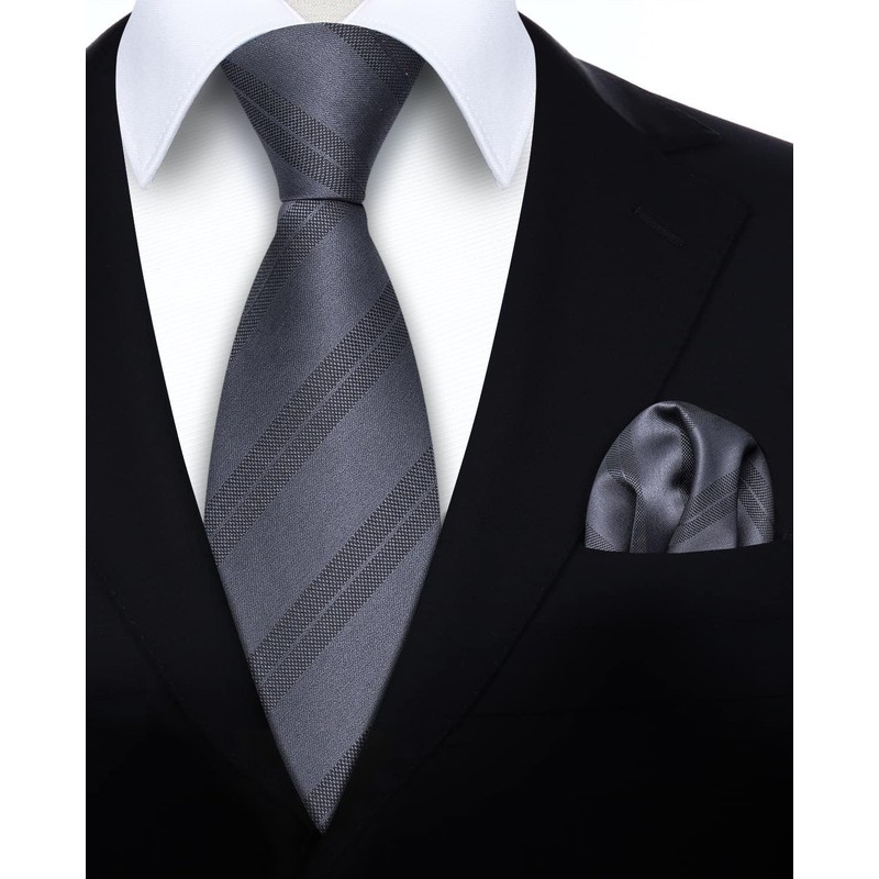 HISDERN Mens Grey Tie and Pocket Square Set Classic Formal
