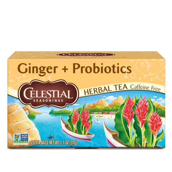 Celestial Seasonings Herbal Tea, 20 Count Box, Ginger plus Probiotics, 6 Count
