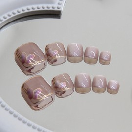 MISUD Cat Eye Press on Toenails Glossy Fake Toenails Glue on Toenails Bling Purple Acrylic Toe Fake Nails Sparkly Butterfly Stick on False Toenails with Design Full Cover Press-on ToeNails 24pcs