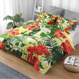 Pamnest Comforter Set King Size, Hibiscus Monstera Palm Leaf Soft 3 Pcs Bedding for Kids and Adults, Tropical Leaves Flower Comforter Set with Pillowcase, for Bedroom Bed Decor