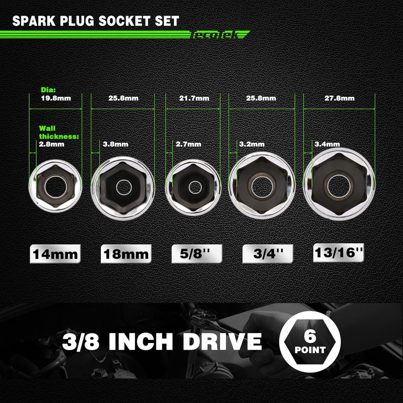 TecoTek 11-Piece Spark Plug Socket Set with 3/8" Drive Ratchet