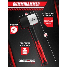 Diggers Tools Rubber Hammer White/Black 450 g [Allrounder 2-in-1 Function] Diameter = 55 mm Double-Sided Soft Hammer Kick-Free with Non-Slip Fibreglass Handle - Camping Hammer Paving Hammer
