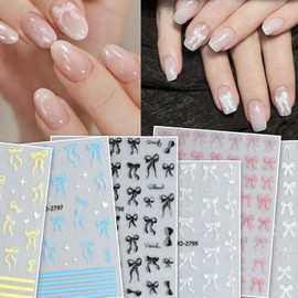 6 Sheets Colorful Bow Nail Art Stickers Black White Pink Blue Yellow Ribbon Bow Nail Decals 3D Self-Adhesive Bow-Knot Designs Nail Supplies for Women Acrylic Nails Manicure Accessories