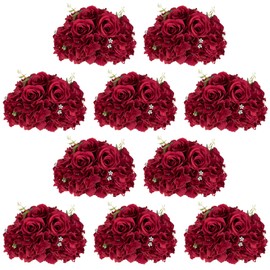 NUPTIO Flower Balls for Centerpieces Wedding: 10 Pcs 11.8 inch Diameter Artificial Flower Ball Arrangement Bouquet Centerpiece for Tables - Burgundy Fake Rose Flowers for Wedding Decor