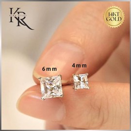 14k Solid Yellow OR White Gold Solitaire Round/Square Cubic Zirconia Earrings Studs For Women - Small CZ Stud Earring, Nickel Free, Screw Back/Silicone Pushback - Jewelry Gift for Her,In Various Sizes (Square White Gold | Silicone Pushback, 5mm)