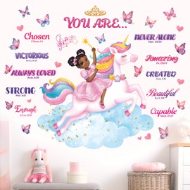 DECOWALL SG2-2503 Black Girl Unicorn Bible Verse Wall Stickers Decals Inspirational Girls Bedroom Nursery Peel and Stick Princess Decor Butterflies Kids Baby Removable Home Art Quotes