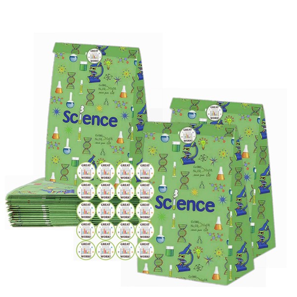 20 Pack Science Party Bags with Stickers Mad Science Goodie Treat Gift Paper Bags Birthday Party Bags Party Favor Bags for Kids Birthday Baby Shower I LOVE SCIENCE Party Decorations Supplies