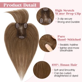 S-noilite Hair Toppers for Women Real Human Hair, 8 * 11inch Handmade Base Human Hair Topper with French Bangs 360°3D Cover Clip in Bangs(Medium Brown,French Bangs)