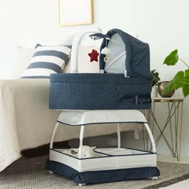 TruBliss Baby Sweetli Nurture Infant Bassinet Bedside Crib Sleeper with Play2Sleep Electric Mobile, Room Temperature and Humidity Indicator, Feeding Reminder, Nightlight, Vibration (Denim Melange)