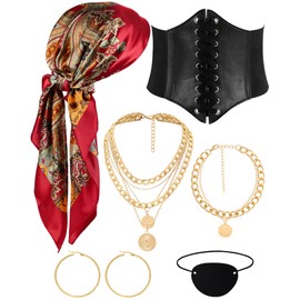 Pirate Costume Accessories Set for Women Pirate Head Scarf Eye Patch Medieval Corset Stainless Steel Earring Necklace Complete Pirate Costume Women's Accessory Kit