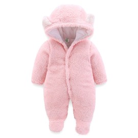 Voopptaw Newborn Baby Cartoon Bear Snowsuit Warm Fleece Hooded Romper Jumpsuit Pink 6-9Months