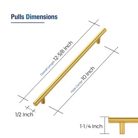 JOY DECOR 10 Pack Cabinet Handles, Gold Cabinet Pulls, 10 in Hole Center Kitchen Cabinet Handles, Stainless Steel T Bar Handles for Dresser Drawers