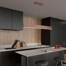 YISDESIGN 39.4" Wood Linear Pendant Light 24w Led Dimmable Dining Room Light Wood Kitchen Island Pendant Hanging Light for Kitchen Island Office Lights Walnut Color