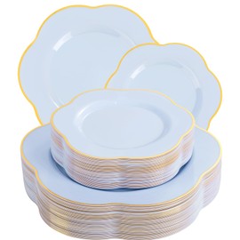 Liacere 50PCS Blue Plastic Plates - Heavy Duty Ice Blue Disposable Plates - Blue and Gold Plastic Plates Include 25PCS Blue Dinner Plates, 25PCS Blue Dessert Plates for Easter&Baby Shower Gifts
