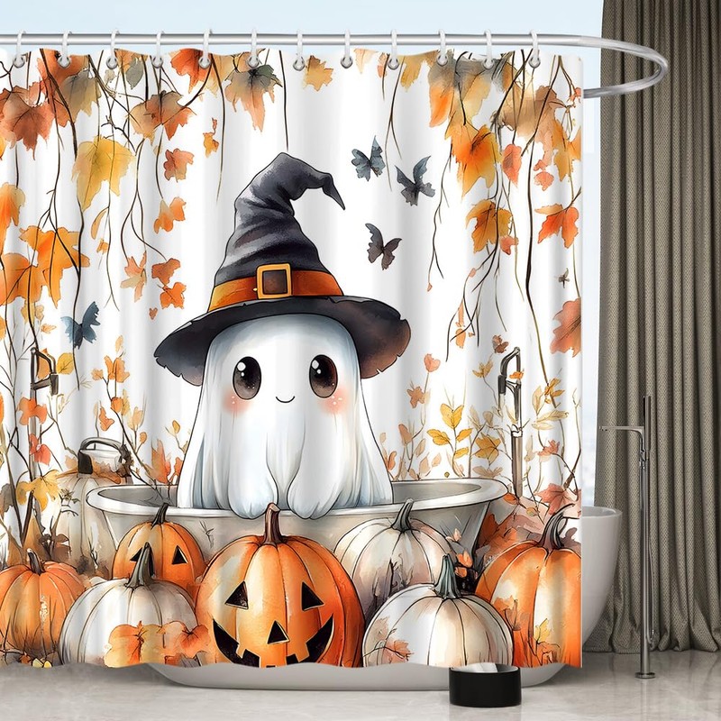 Funny Ghost Shower Curtain Fall Spooky Ghost Take Bath Bat