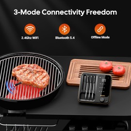 Wireless Meat Thermometer Digital with 4 Probes, Food Kitchen Thermometer with 3 Connection Modes, IP67 Waterproof Bluetooth Meat Thermometer for Grilling, Smoker, BBQ，Kitchen (14B-4)