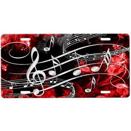 Music Notes Red Flames Novelty Car Tag Sign with Custom Background Options