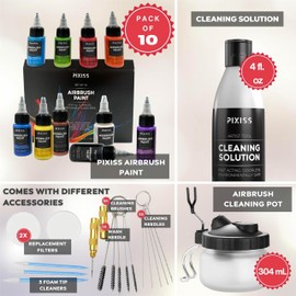 Airbrush Cleaning Kit - Airbrush Clean Pot Glass Cleaning Jar with Holder, 5pc Cleaning Needles, 5pc Cleaning Brushes, 1 Wash Needle, 2 Extra Filters (Cleaning Kit, Cleaner and Paints)