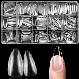 Bellelfin Almond Nail Tips, 300Pcs Soft Gel Clear Nail Tips Full Cover Almond Gel X Nails Pre-Shape Acrylic Nail Tips 15Sizes Press on Fake Nails for Nail Extensions DIY Nail Salon